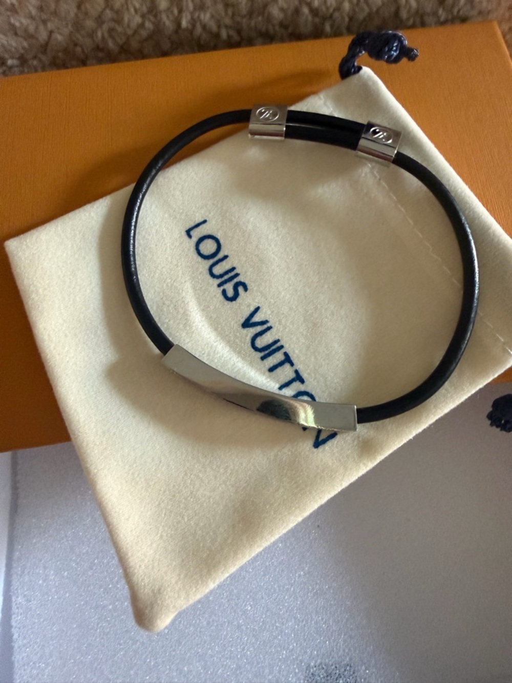 Designer Inspired Black  Leather and Silver Tone Bracelet